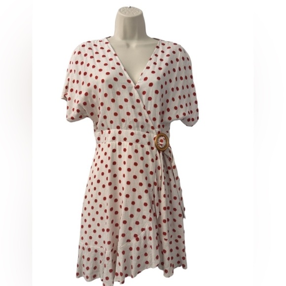 Moon River Polka Dot Linen Blend Wrap Short Dress, Short Sleeve, V-Neck, Size S - Picture 1 of 16